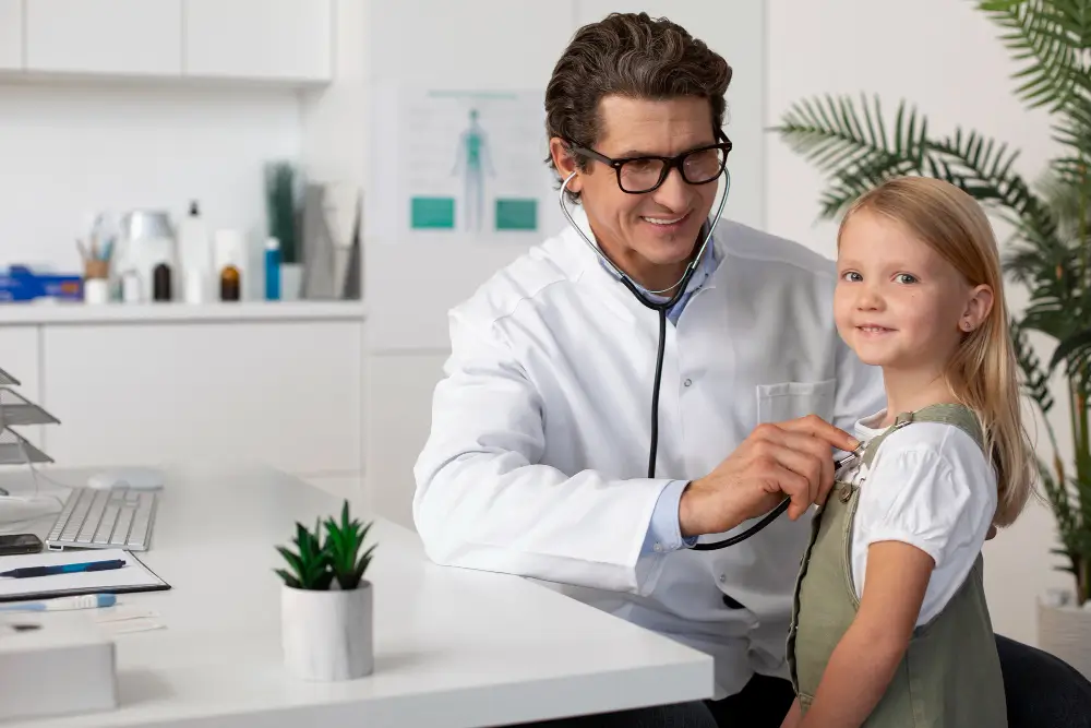 طبيب أطفال يفحص طفلة صغيرة باستخدام السماعة الطبية داخل عيادة الأطفال في مجمع درياق الطبي – فرع حي الفلاح بجدة