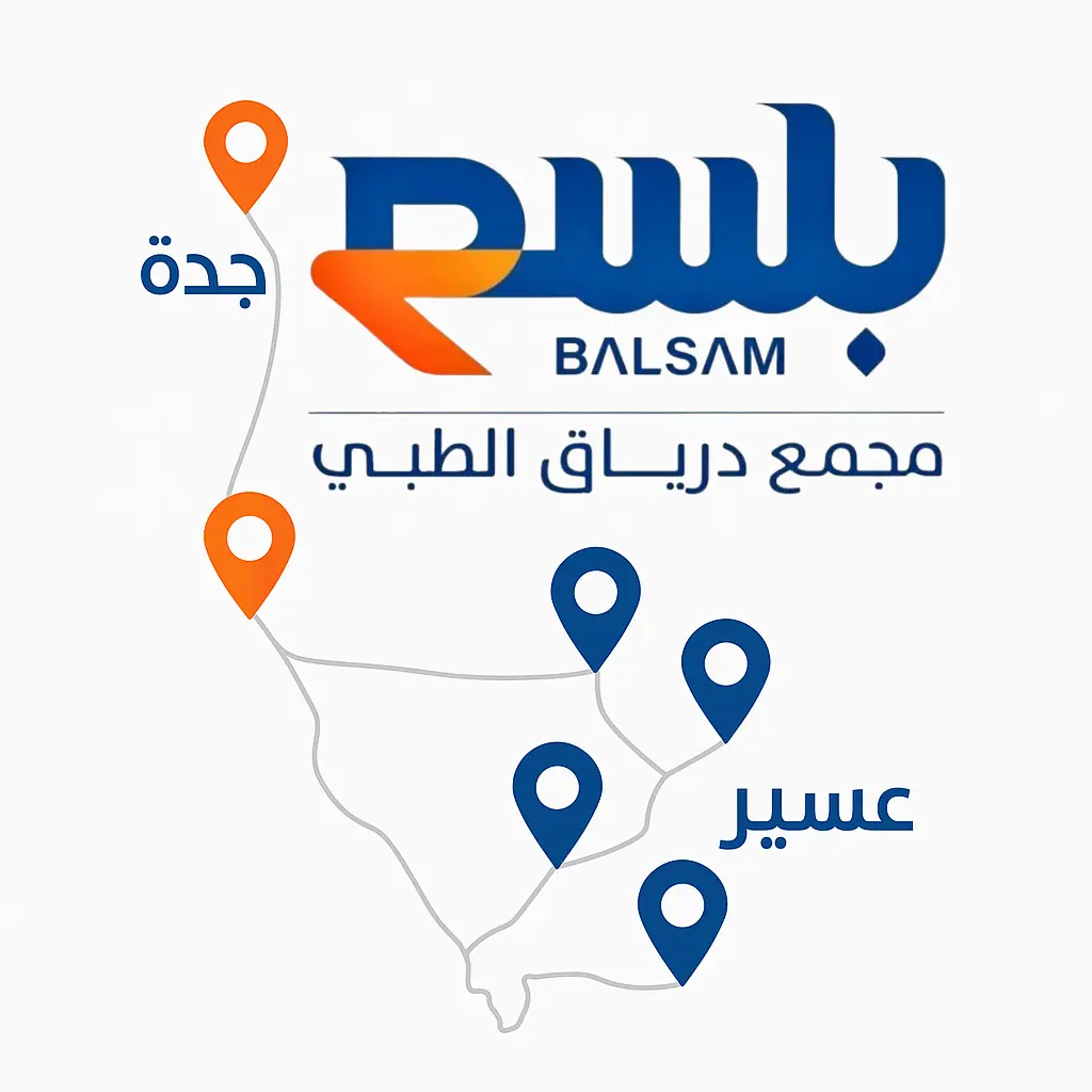 شعار مجمع درياق الطبي مع خريطة توضح 6 فروع في جدة وعسير – أفضل مجمع طبي في السعودية